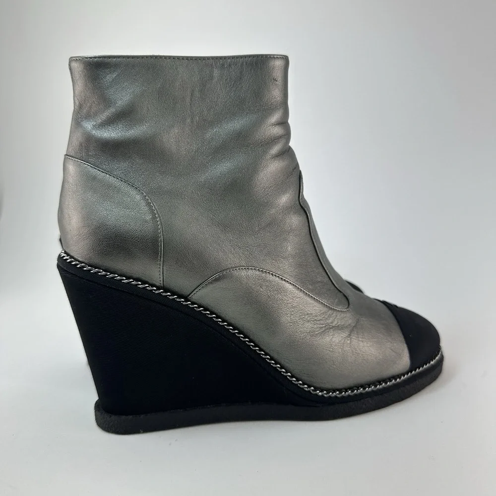 CHANEL Black Leather CC Logo Wedge Boots Size 37.5 Made In Italy